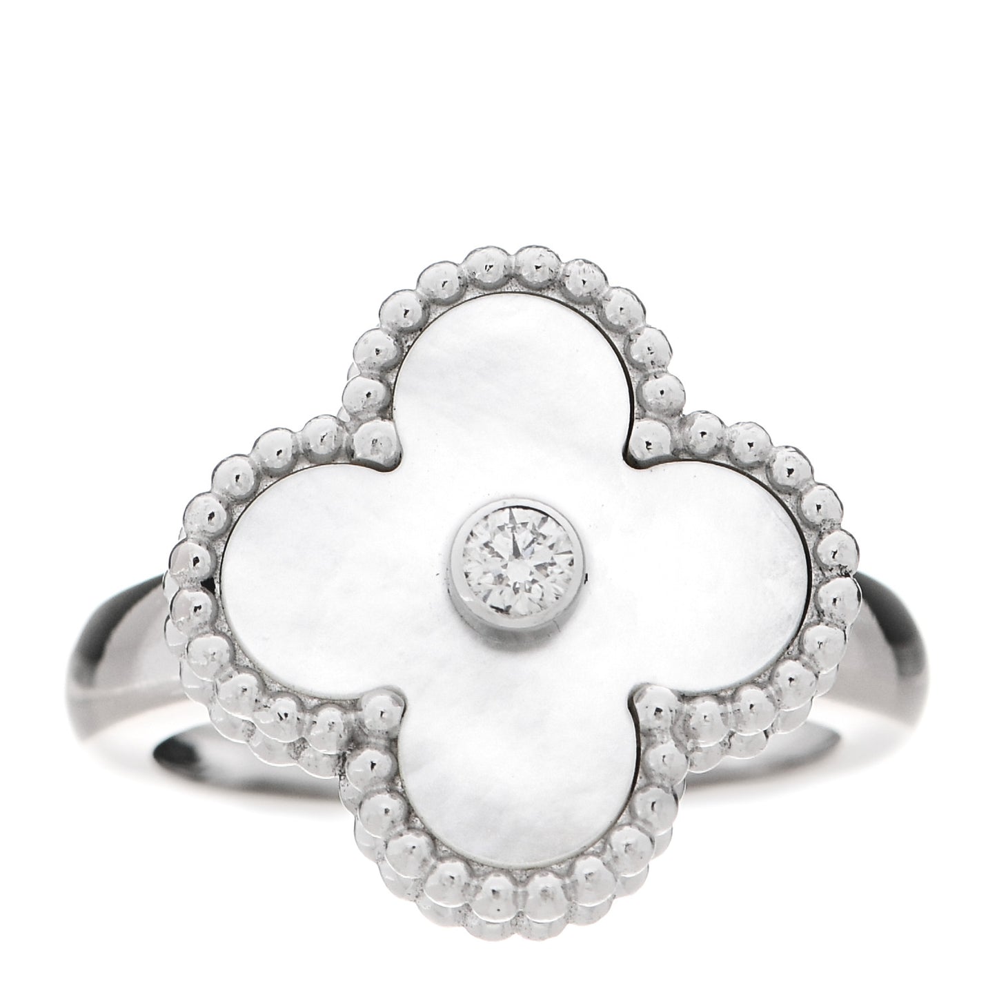 18K White Gold Diamond Mother of Pearl Vintage Alhambra Ring 48 4.5