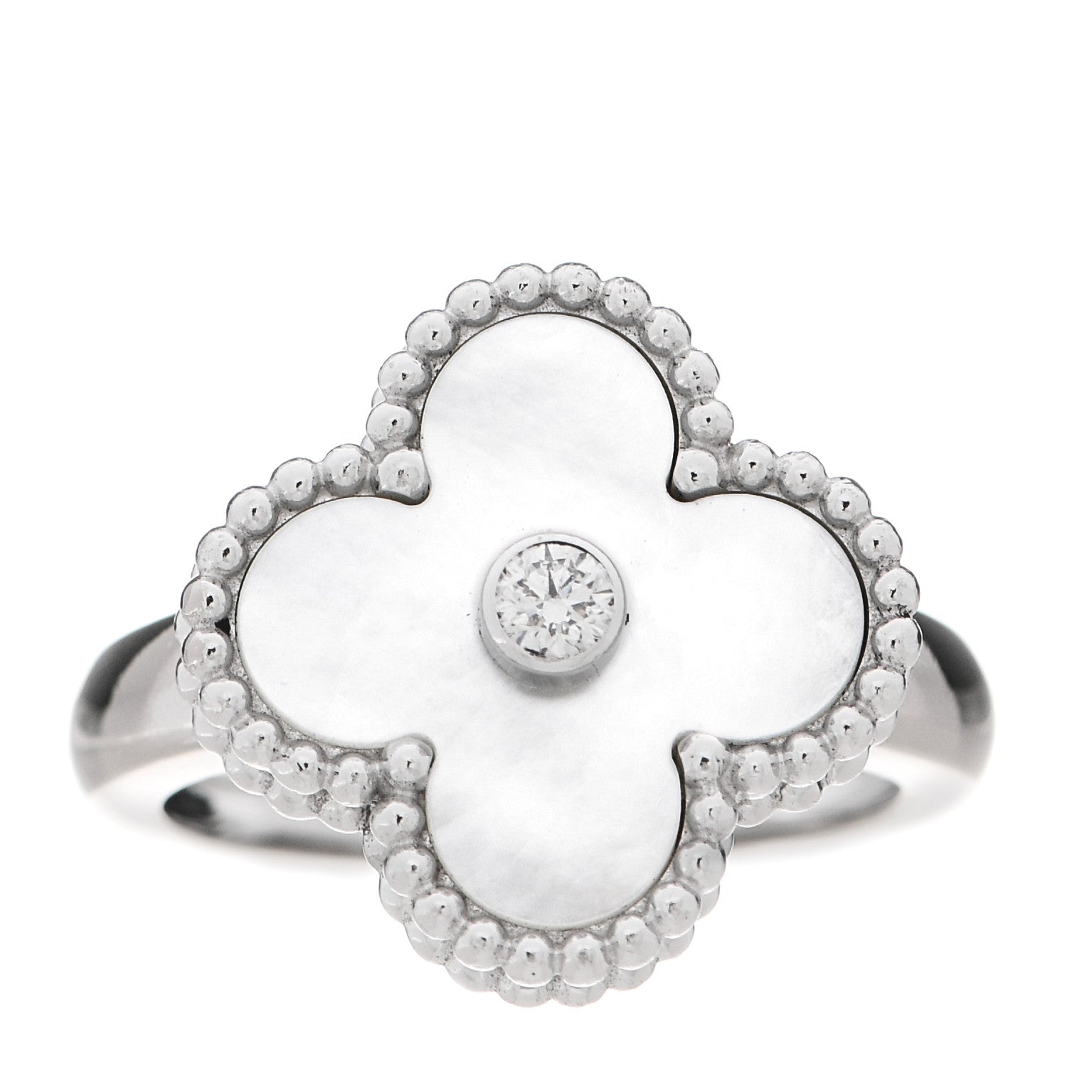 Van Cleef & Arpels 18K White Gold Diamond Mother of Pearl Vintage Alhambra Ring 48 4.5 1 of 6