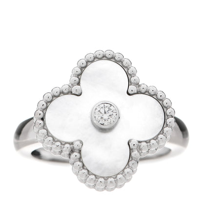 Van Cleef & Arpels 18K White Gold Diamond Mother of Pearl Vintage Alhambra Ring 48 4.5 1 of 6