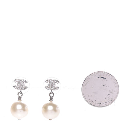 Chanel Crystal Pearl CC Drop Earrings Silver Pearly White 2 of 5
