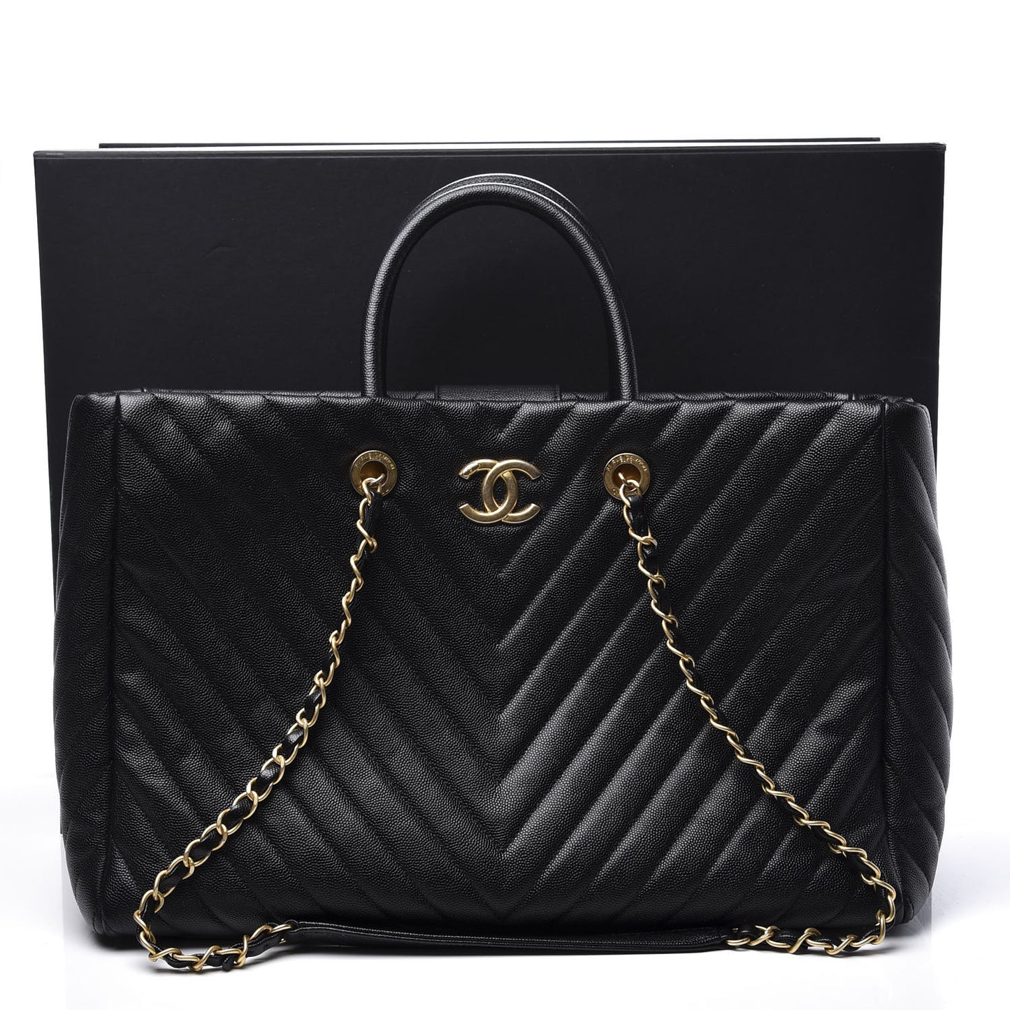 Caviar Chevron Quilted Coco Handle Shopping Tote Black