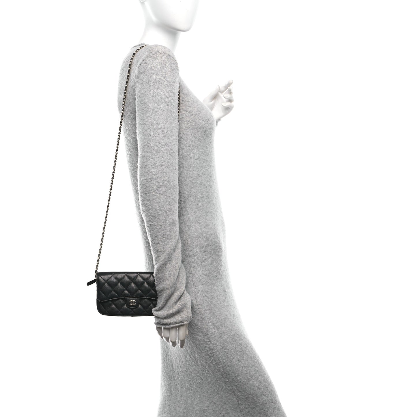 Caviar Quilted Flap Phone Holder With Chain Black