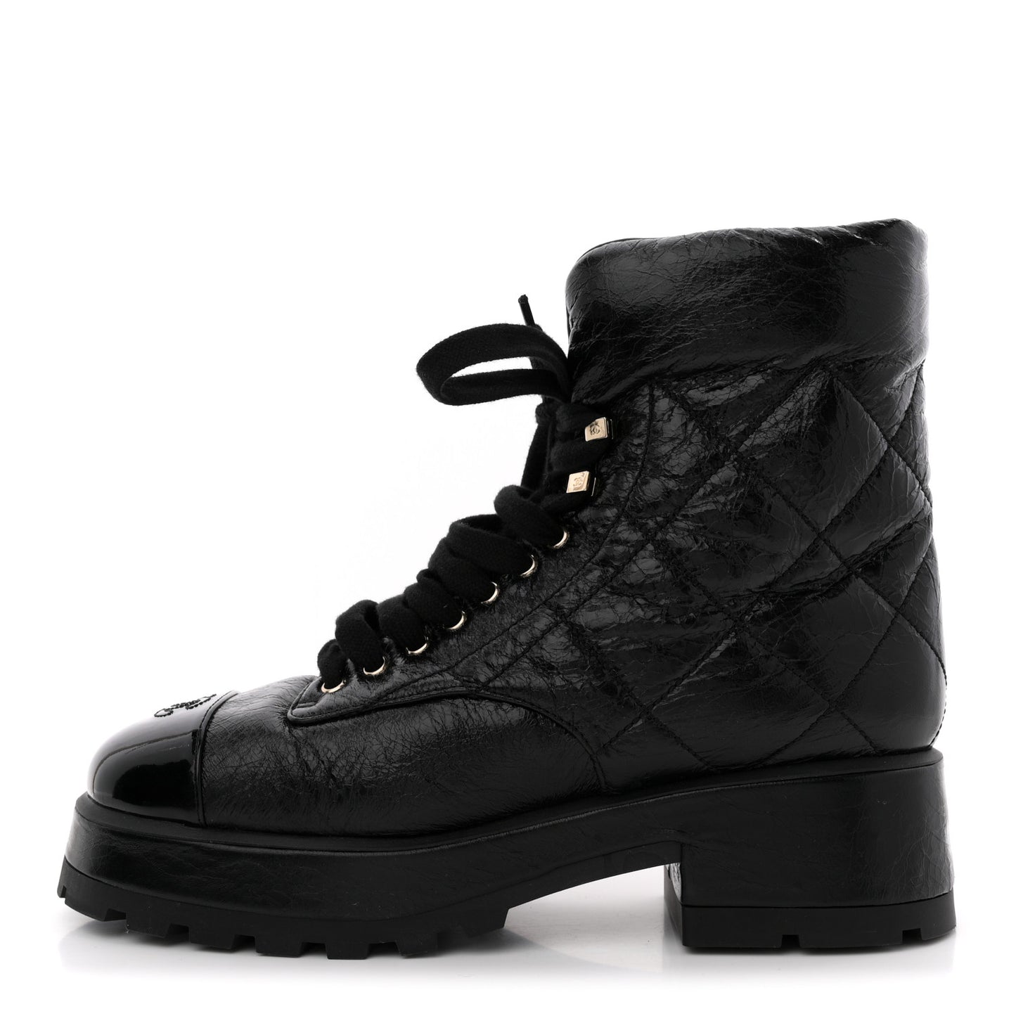 Crumpled Patent Lambskin Calfskin Quilted Lace Up Combat Boots 41.5 Black