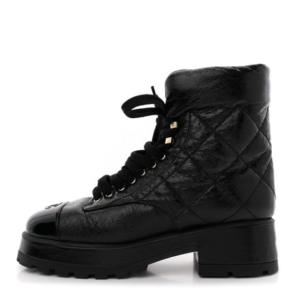 Chanel Crumpled Patent Lambskin Calfskin Quilted Lace Up Combat Boots 41.5 Black 1 of 12