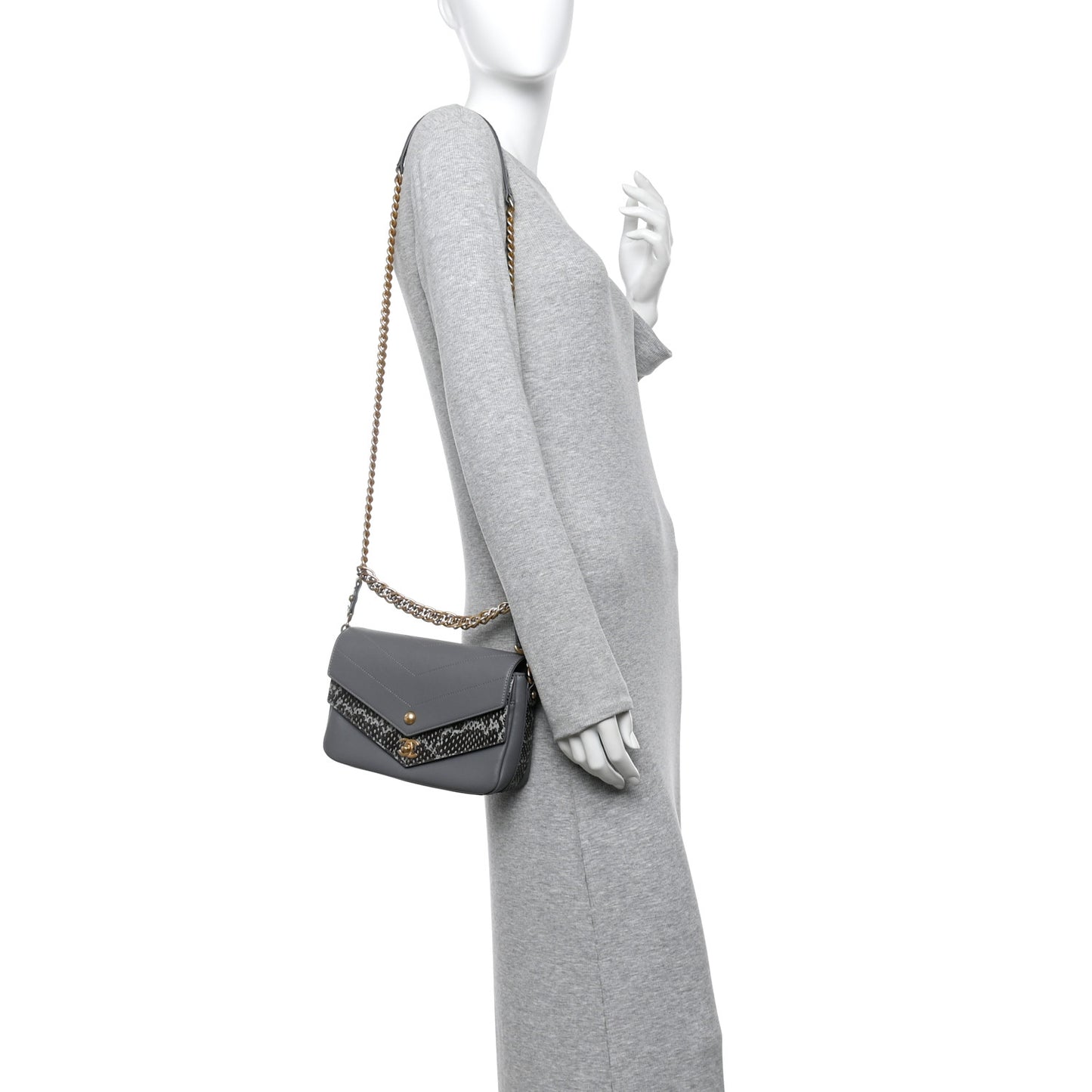 Sheepskin Snakeskin Chevron Quilted Mini Double Chevron Flap Grey