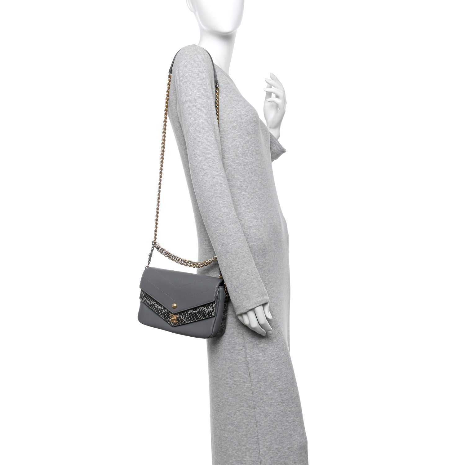 Chanel Sheepskin Snakeskin Chevron Quilted Mini Double Chevron Flap Grey 2 of 11