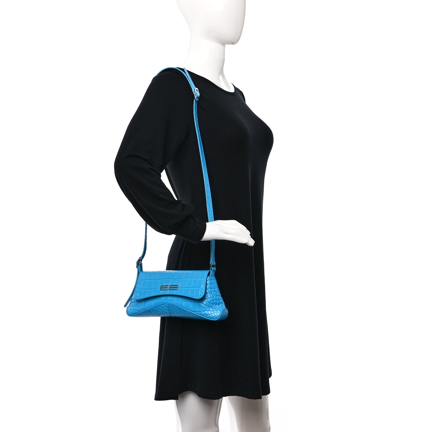 Shiny Super Supple Calfskin Crocodile Embossed Small XX Flap Stretch Bag Cyan