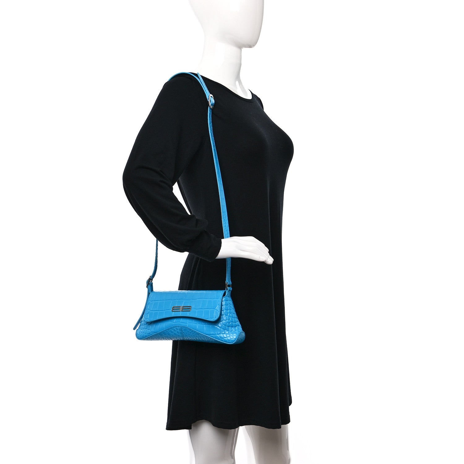 Balenciaga Shiny Super Supple Calfskin Crocodile Embossed Small XX Flap Stretch Bag Cyan 2 of 9