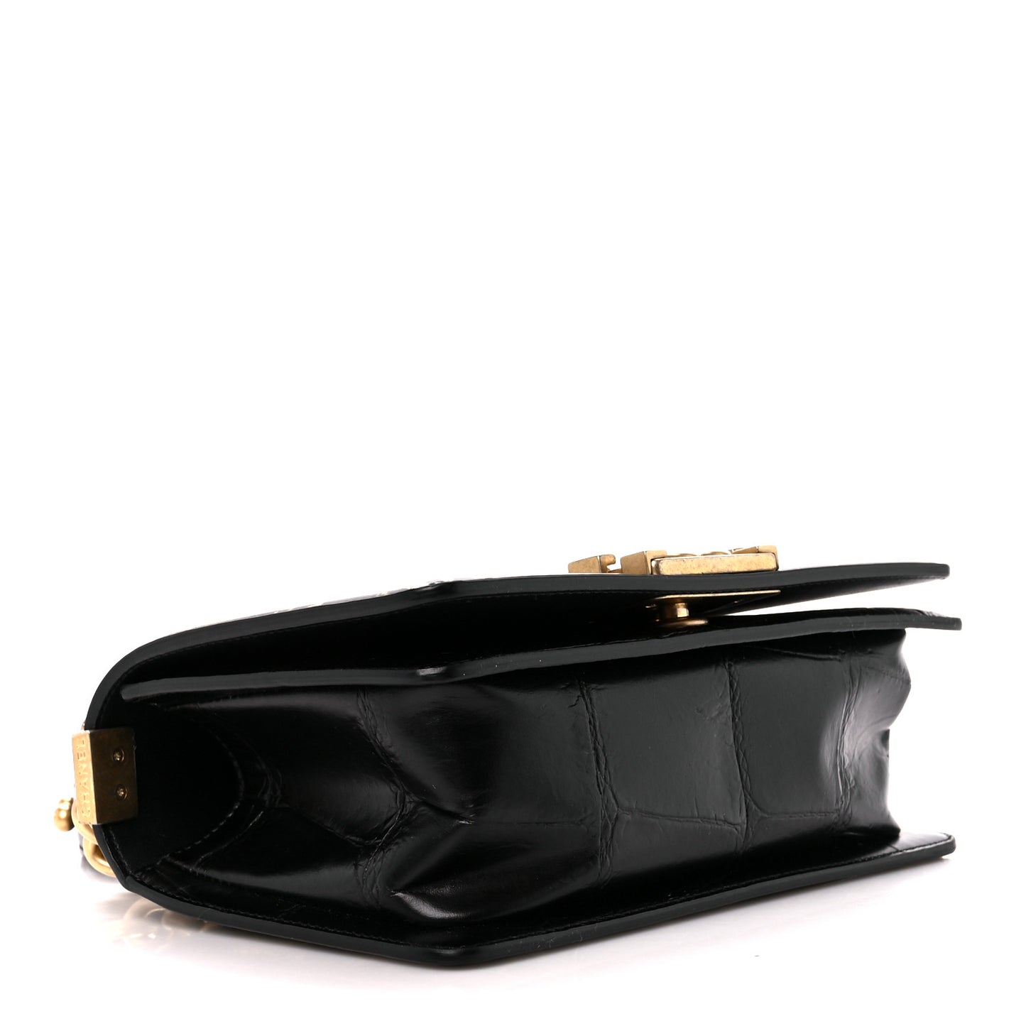 Calfskin Crocodile Embossed Graffiti Cocodile Small Boy Flap Black Gold