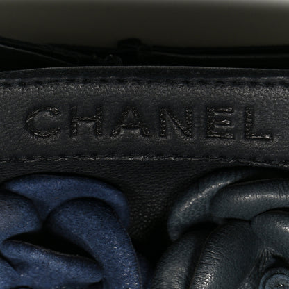 Chanel Lambskin Camellia Fingerless Gloves 7.5 Black Navy Blue Grey 3 of 4
