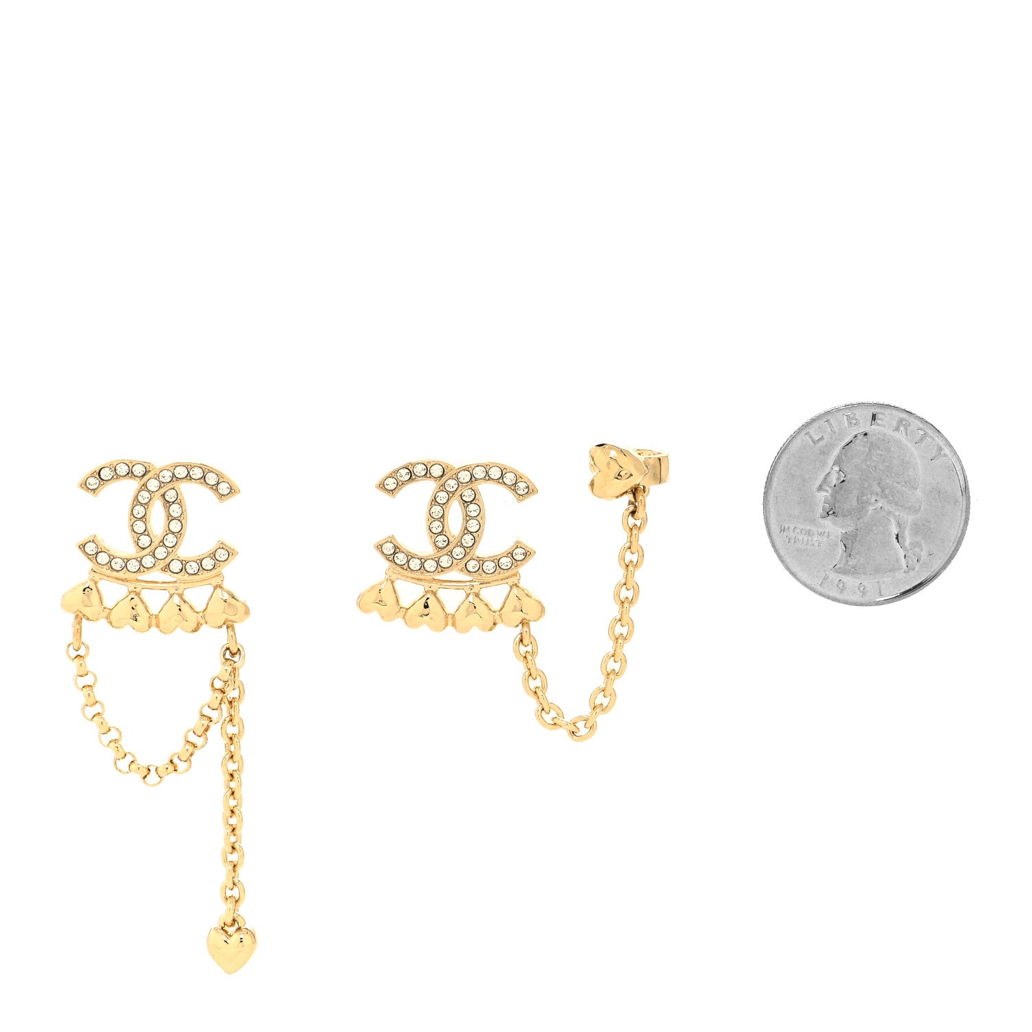 Chanel Metal Crystal CC Drop Heart Link Earrings Gold 2 of 4