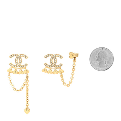 Chanel Metal Crystal CC Drop Heart Link Earrings Gold 2 of 4