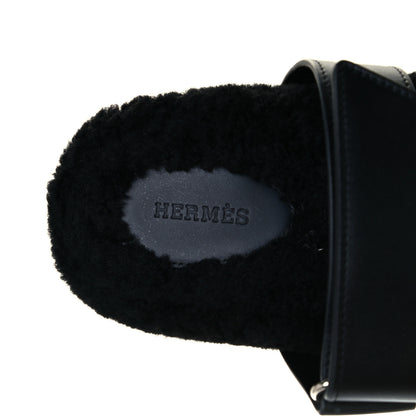 Hermes Calfskin Woolskin Womens Chypre Sandals 37 Black 9 of 12