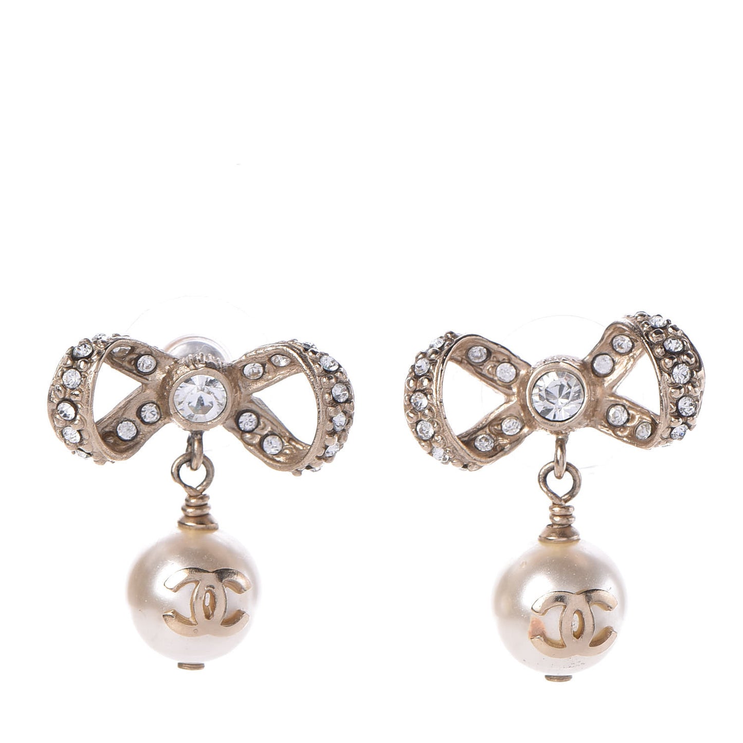 Crystal Pearl CC Bow Drop Earrings Gold