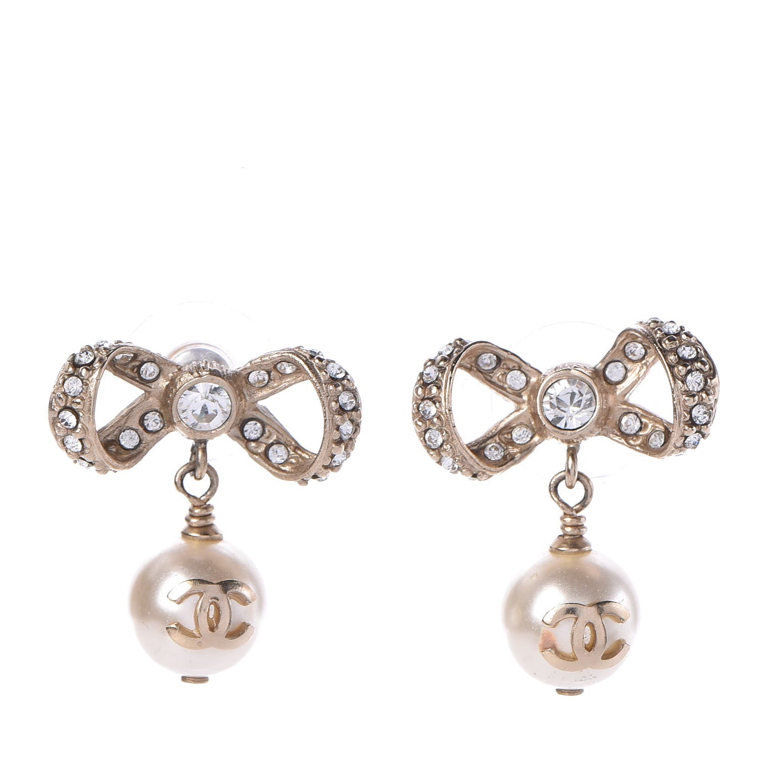 Chanel Crystal Pearl CC Bow Drop Earrings Gold 1 of 3