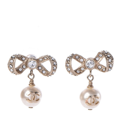 Chanel Crystal Pearl CC Bow Drop Earrings Gold 1 of 3
