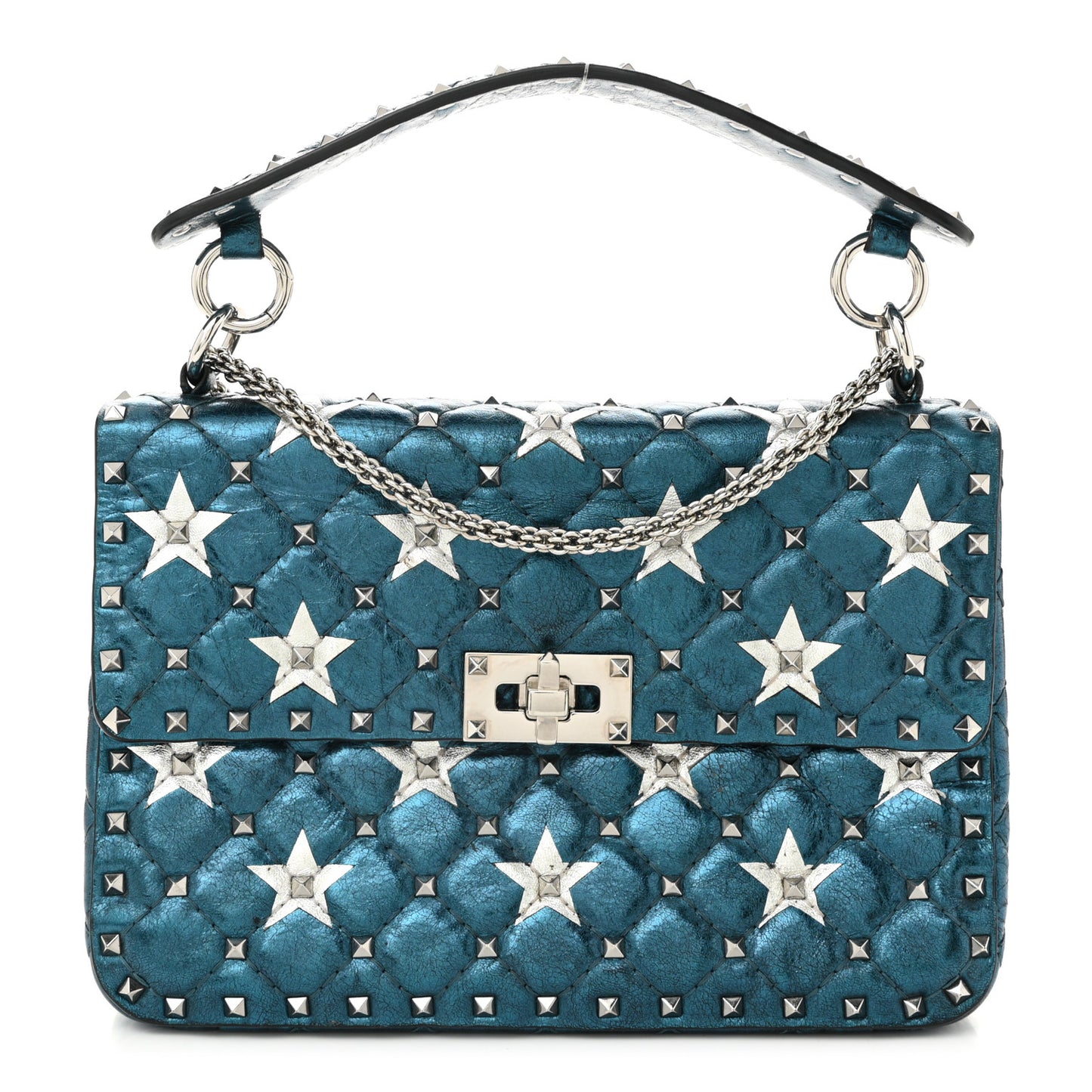 Metallic Wrinkled Lambskin Star Medium Rockstud Spike Shoulder Bag Peacock