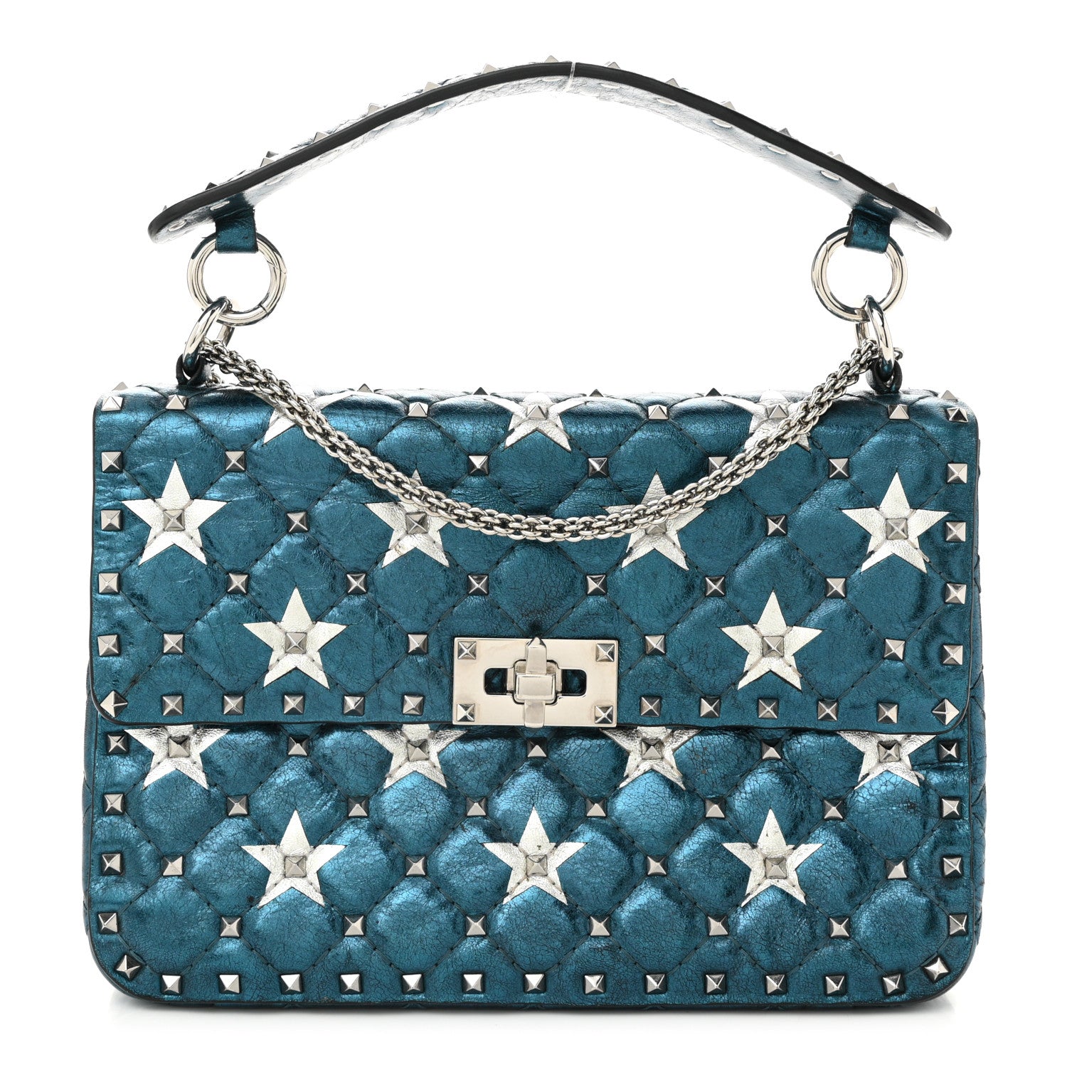 Valentino Garavani Metallic Wrinkled Lambskin Star Medium Rockstud Spike Shoulder Bag Peacock 1 of 9