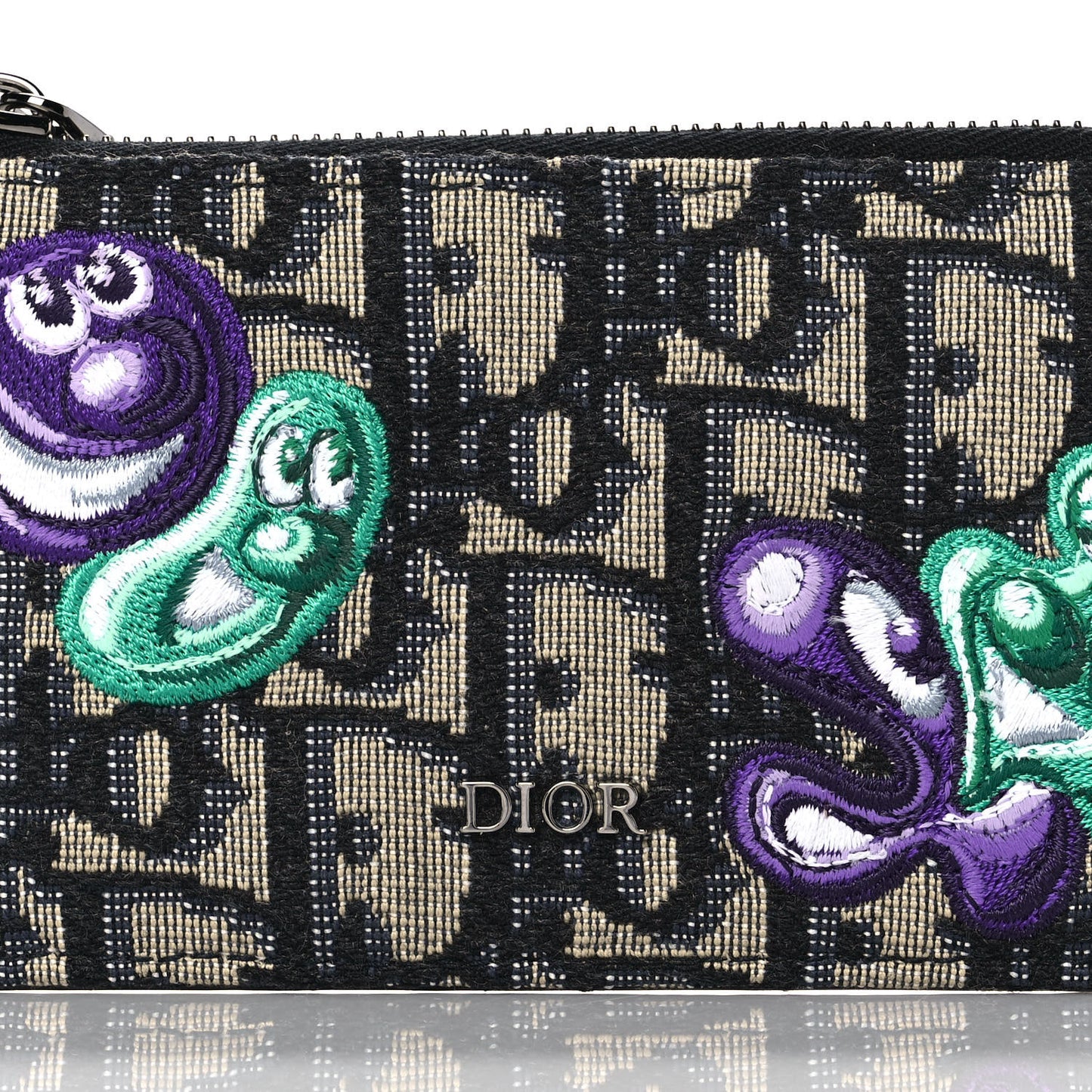 X KENNY SCHARF Oblique Canvas Embroidered Zip Card Holder Charcoal