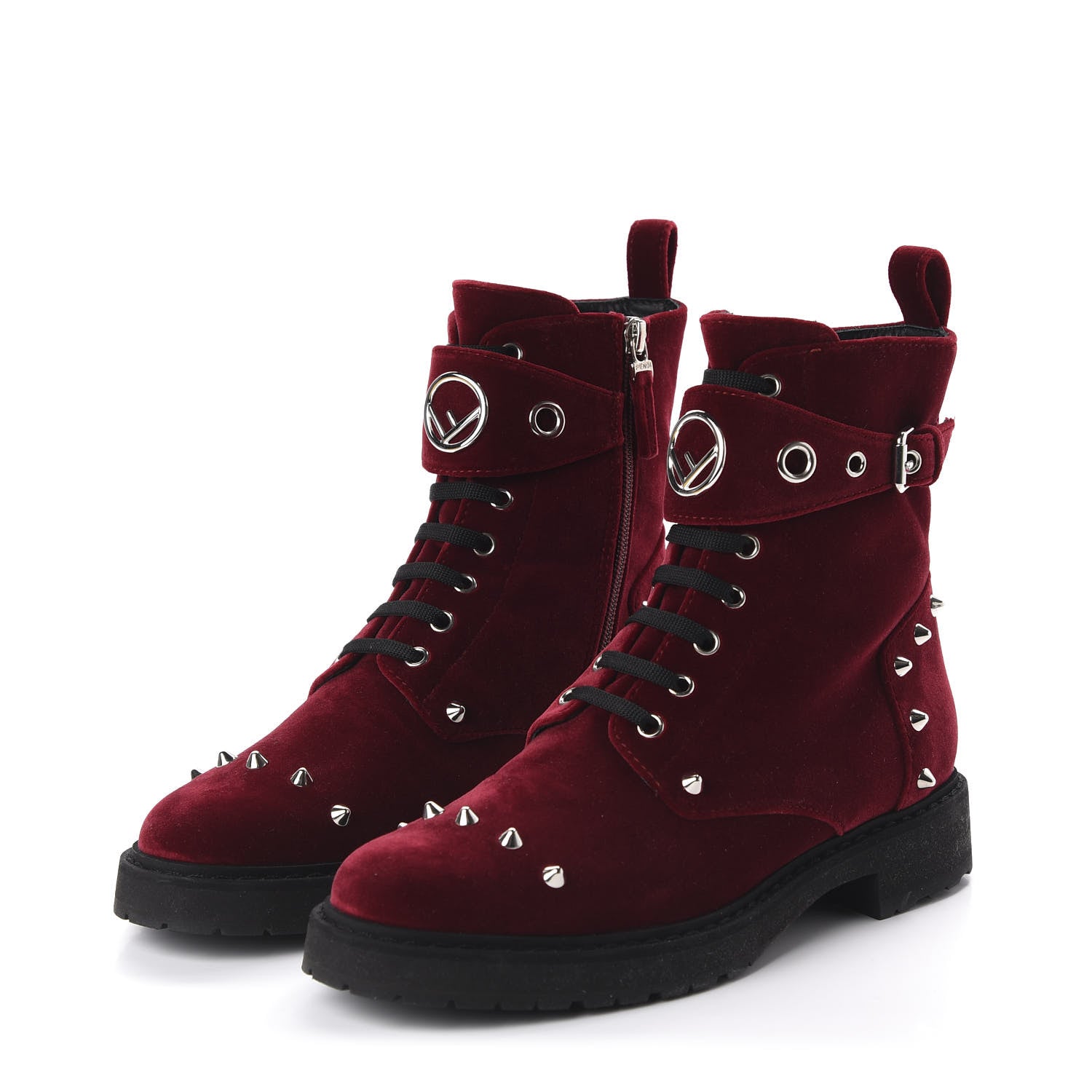 Fendi Velvet Studded FF Combat Boots 39.5 Bordeaux 3 of 8