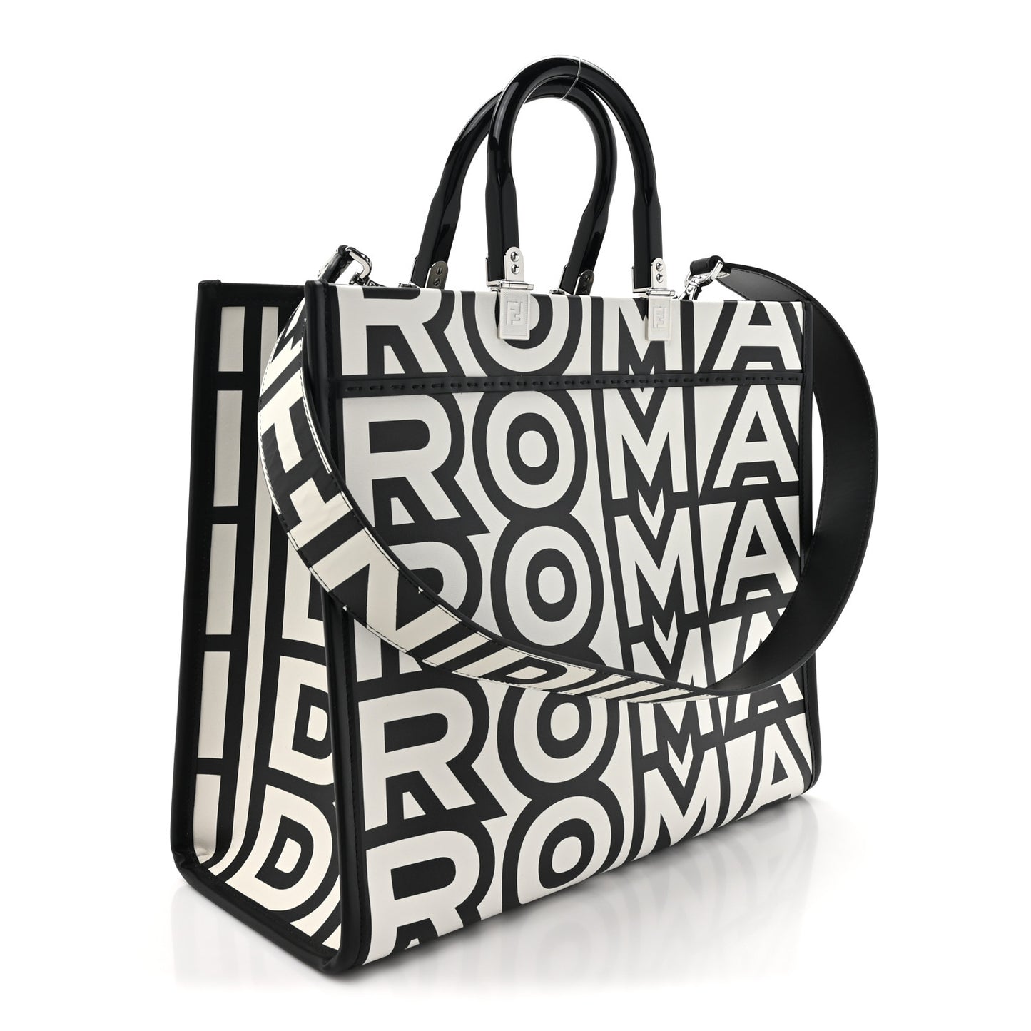 X MARC JACOBS Vitello King Logo Print Medium Fendi Sunshine Shopper Tote Black White