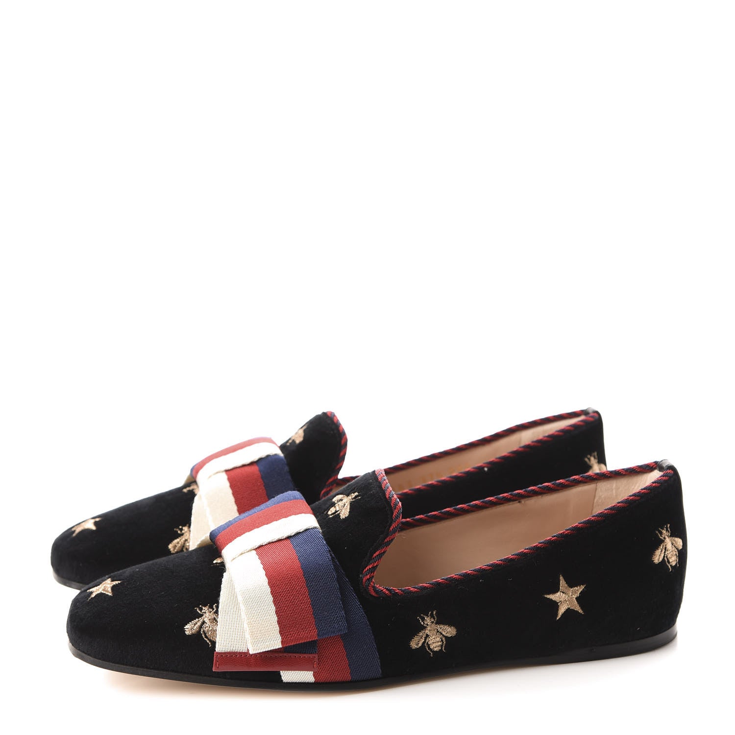 Gucci Velvet Bee Star Embroidered Sylvie Bow Loafers 37.5 Black 3 of 11