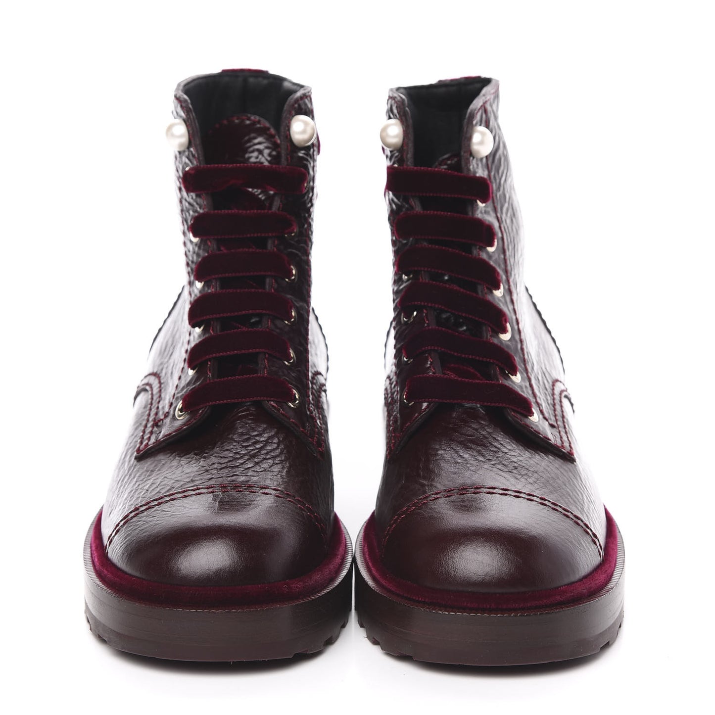 Calfskin Velvet Pearl Combat Short Boots 38 Burgundy