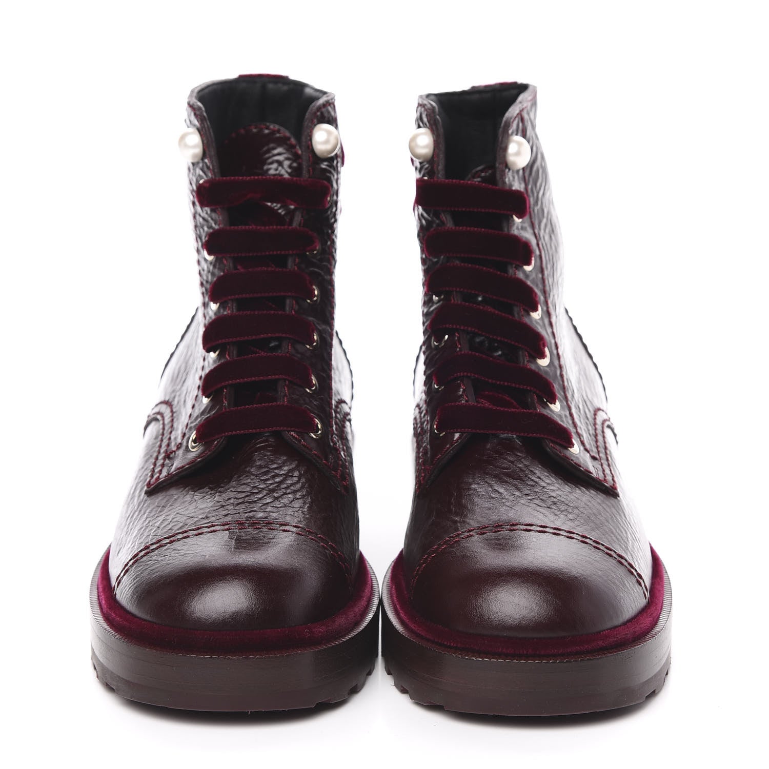 Chanel Calfskin Velvet Pearl Combat Short Boots 38 Burgundy 2 of 8