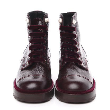 Chanel Calfskin Velvet Pearl Combat Short Boots 38 Burgundy 2 of 8