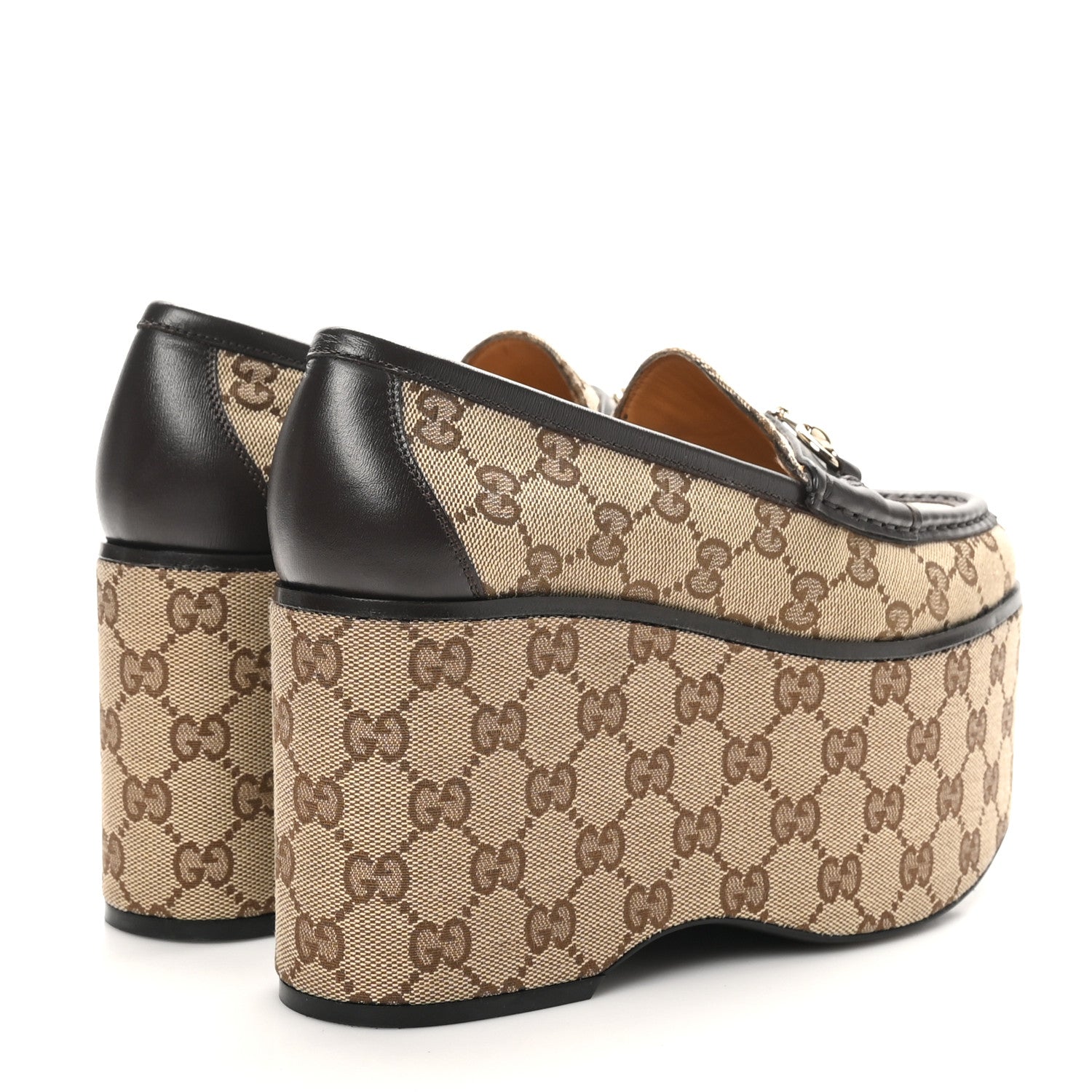 Gucci Canvas GG Monogram Horsebit Calfskin Womens Horsebit Platform Loafers 37.5 Beige Ebony 5 of 11
