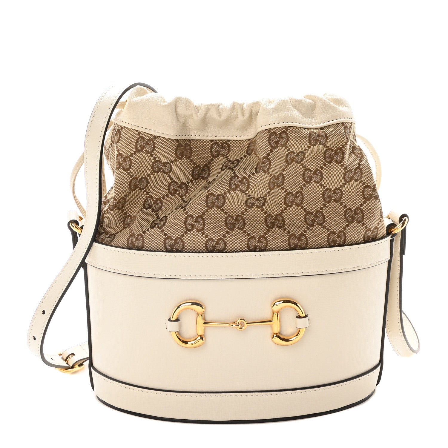 Gucci Monogram Textured Calfskin Horsebit 1955 Drawstring Bucket Bag Beige Mystic White 1 of 10