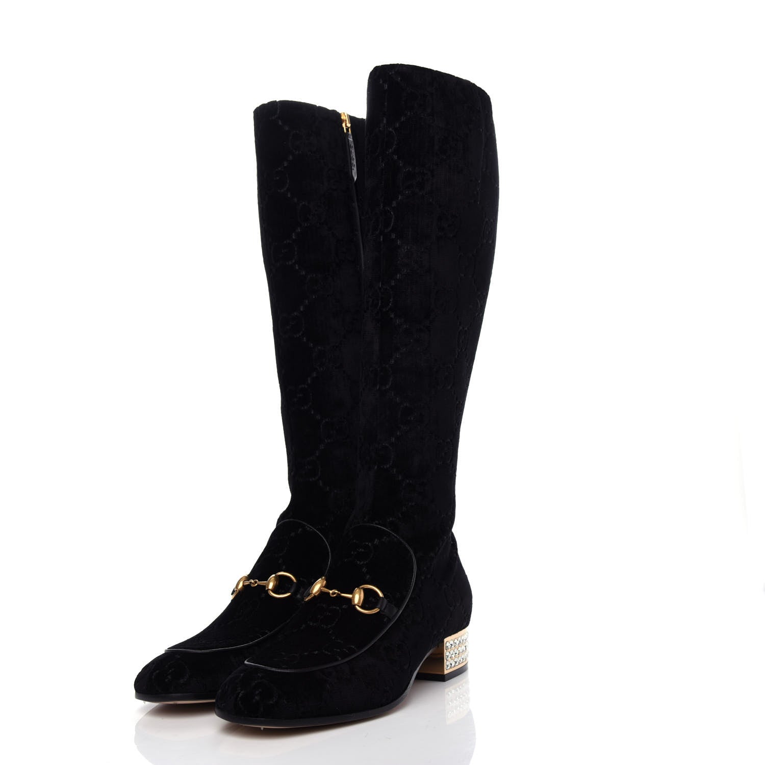 Gucci Velvet GG Monogram Crystal Horsebit Knee High Boots 37.5 Black 3 of 11