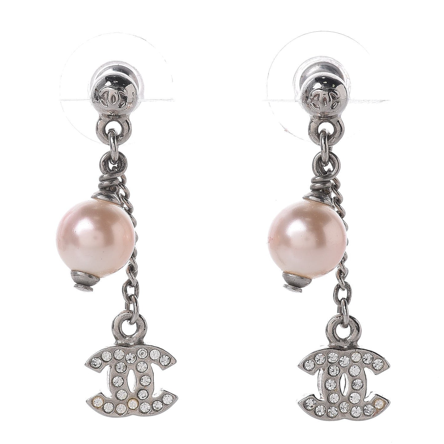 Crystal Pearl CC Drop Earrings Silver
