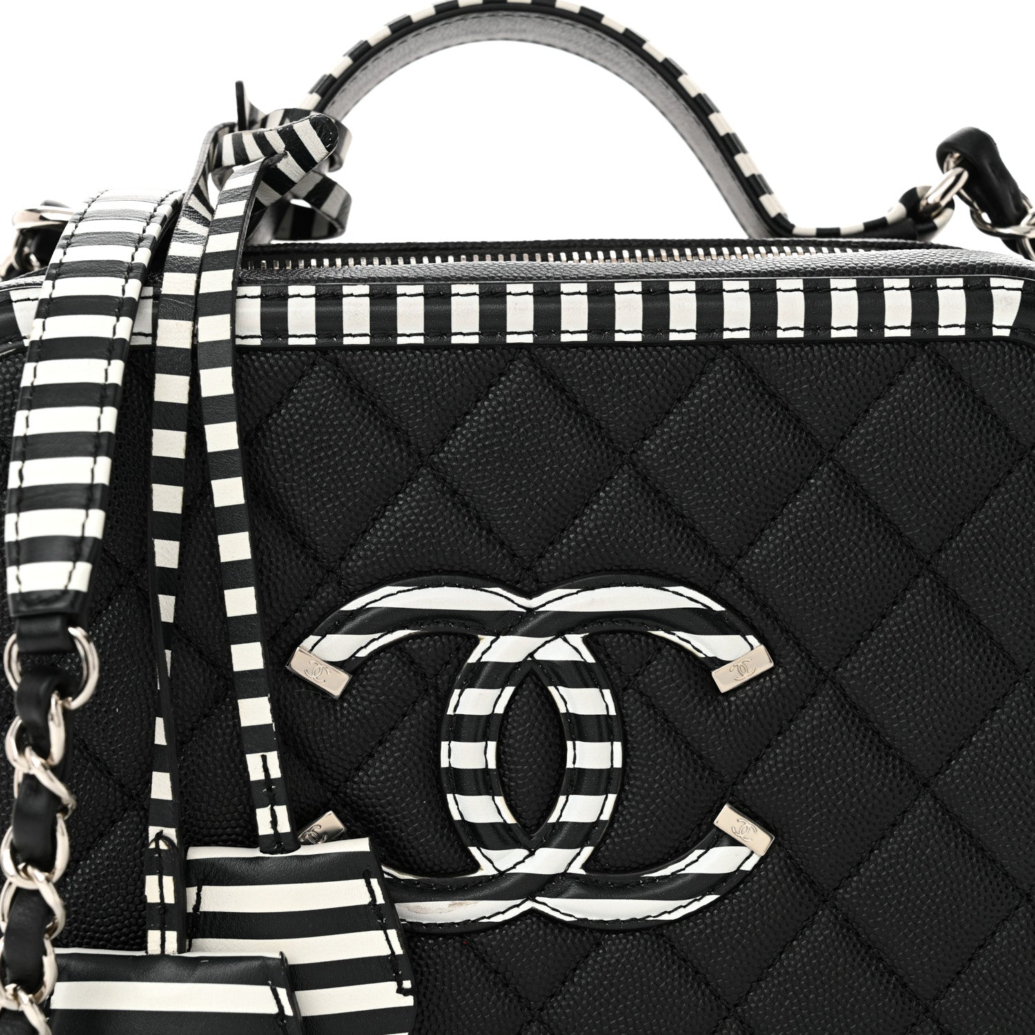 Chanel Caviar Quilted Striped Medium CC Filigree Vanity Case Black White 8 of 11