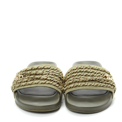 Chanel Canvas Chain Flat Sandals 38 Khaki 2 of 10