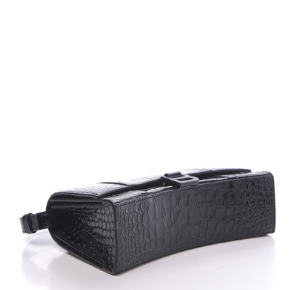 Balenciaga Shiny Calfskin Monochrome Crocodile Embossed Small Hourglass Sling Shoulder Bag Black 4 of 9