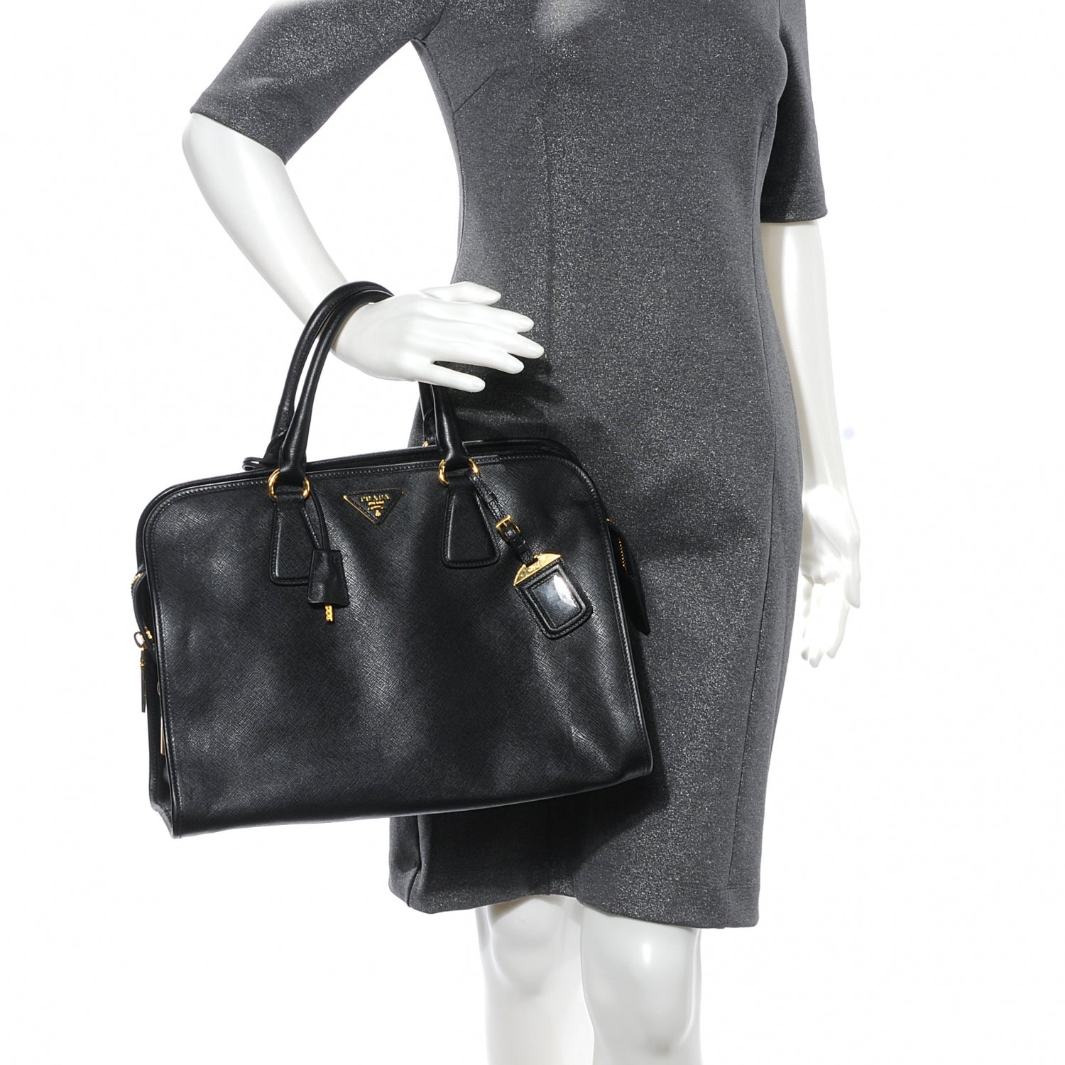 Prada Saffiano Cuir Top Handle Dome Tote Black 2 of 9