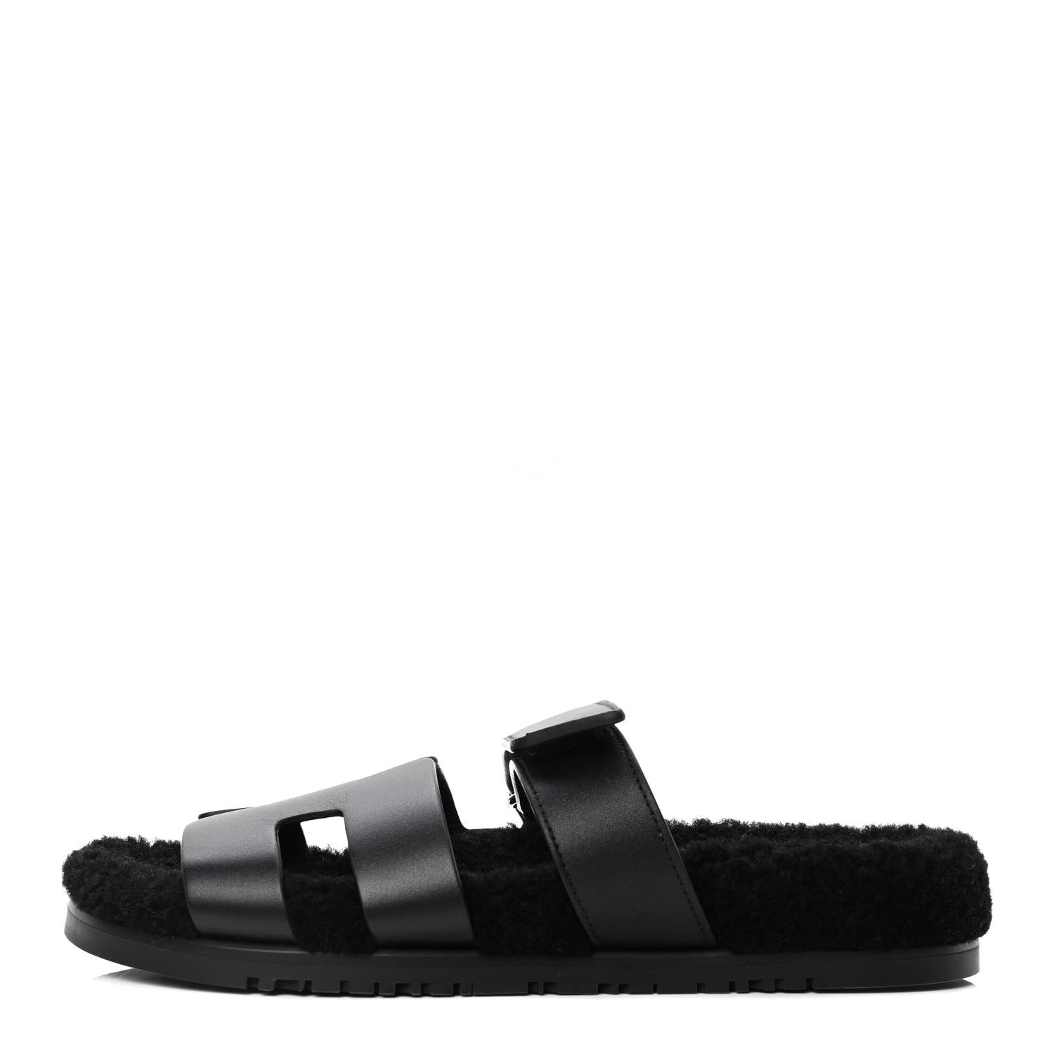Hermes Calfskin Woolskin Womens Chypre Sandals 39 Black 1 of 4