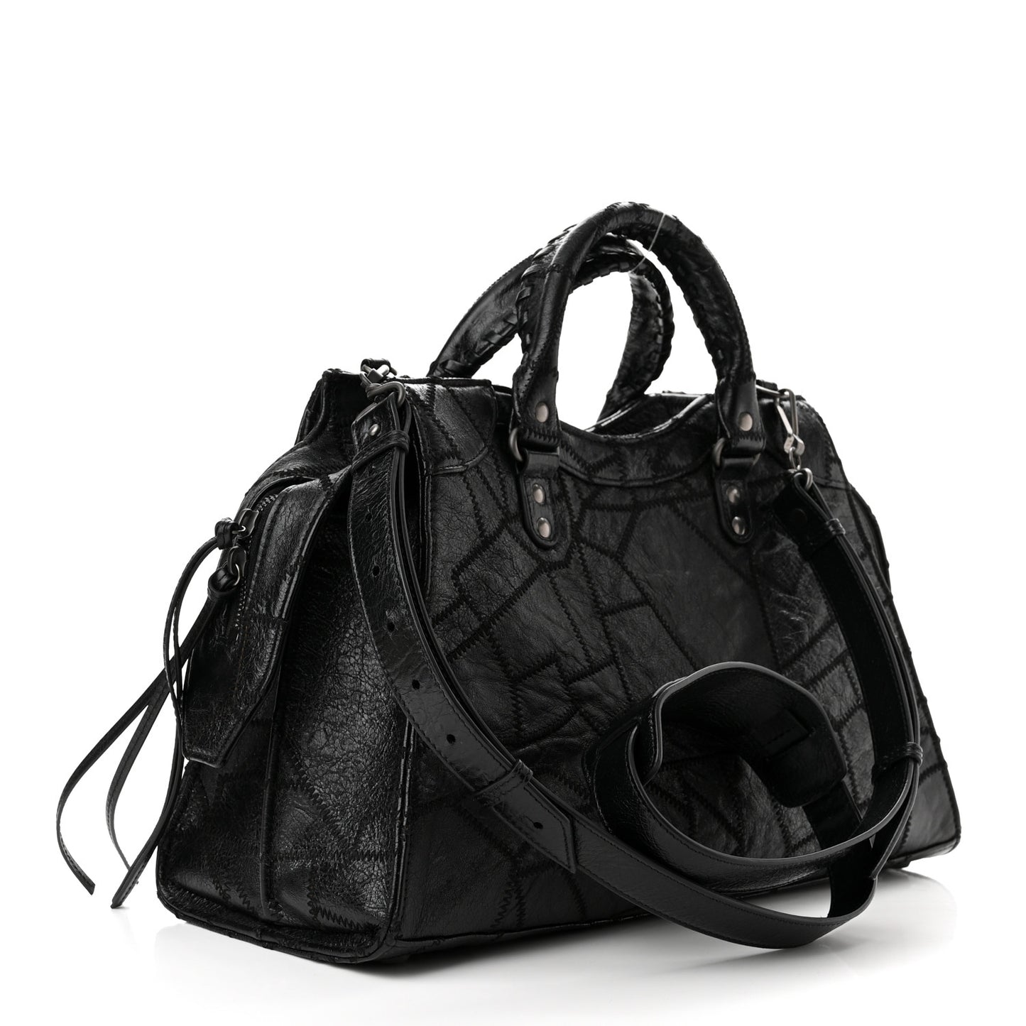 Calfskin Patchwork Stitched Neo Classic Silver Hardware City Black