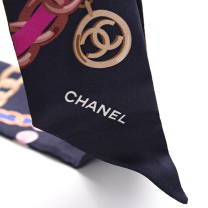 Chanel Silk Pearl CC Chain Slim Bandeau Scarf Navy Blue 4 of 4