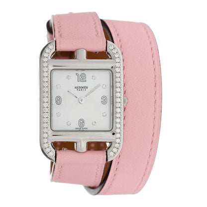 Hermes Stainless Steel Swift Diamond Bezel Mother of Pearl 23mm Cape Cod Double Tour Quartz Watch Rose Sakura 1 of 5