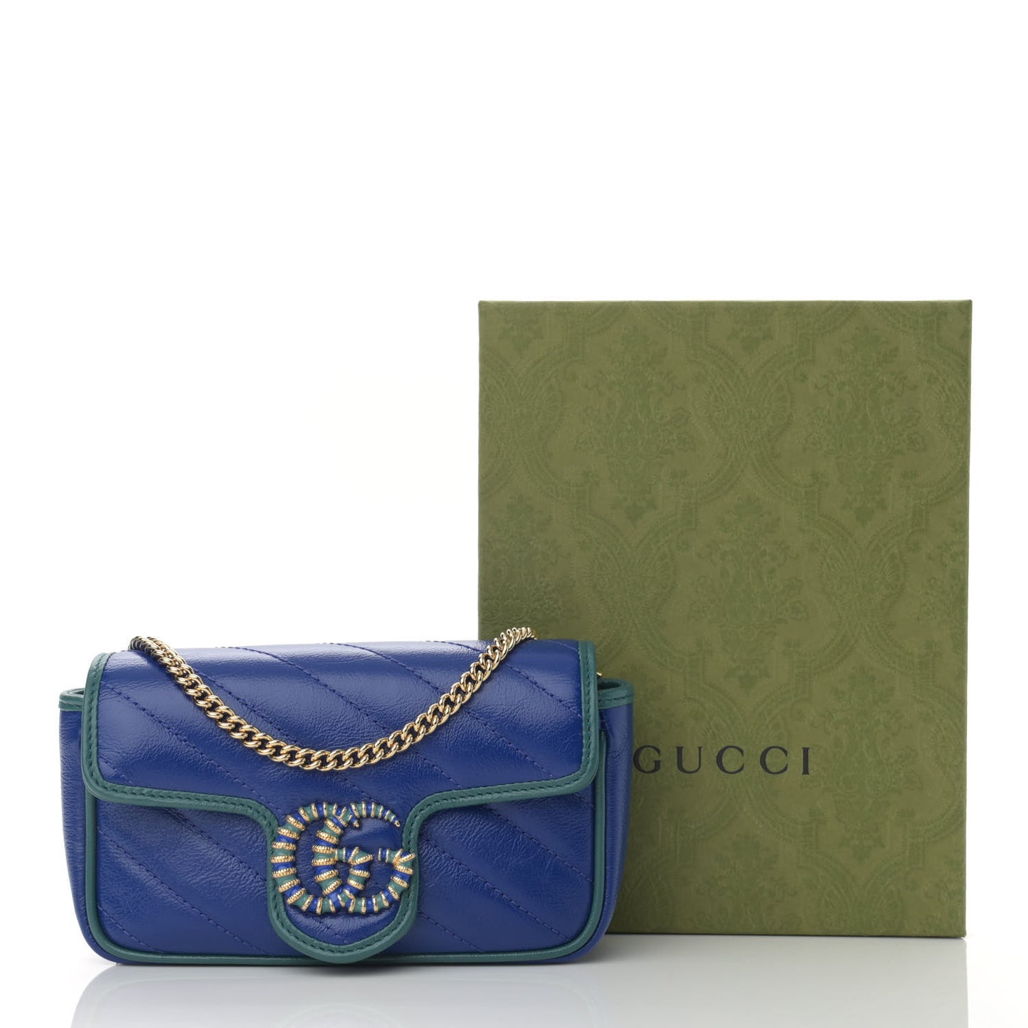 Azalea Calfskin Enamel Matelasse Diagonal Super Mini Torchon GG Marmont Shoulder Bag Imperial Blue Pavone