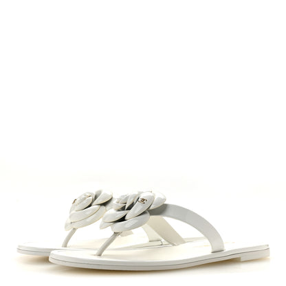 Chanel Patent Calfskin Camellia Thong Sandals 37.5 White 4 of 10