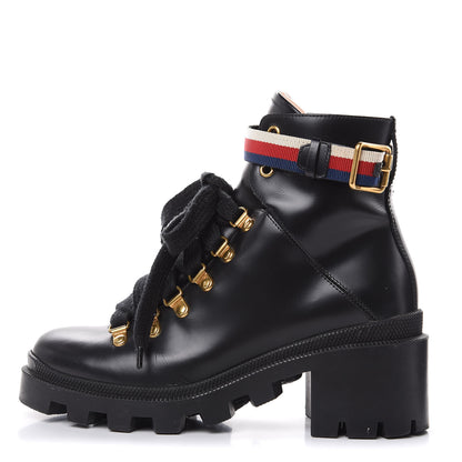 Gucci Calfskin Sylvie Web Lace Up Combat Boots Black 35.5 Black 1 of 12