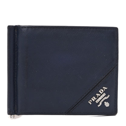 Prada Saffiano Metal Bi-Color Money Clip Bi-Fold Wallet Black Grafite 1 of 13
