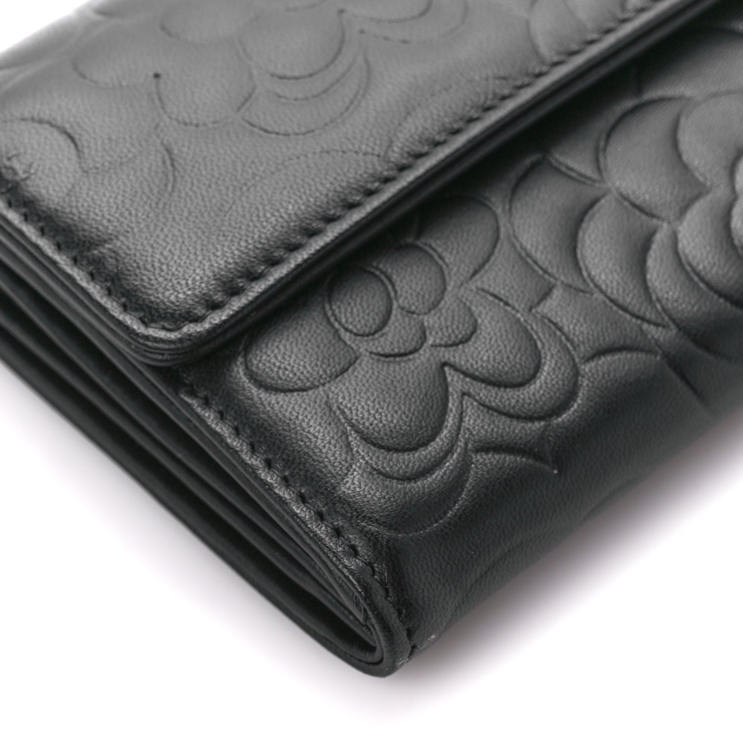 Lambskin Camellia Embossed Large Flap Wallet Black