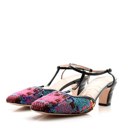 Gucci Tweed Nappa Charlotte Spicy Check Matelasse T-Strap Pumps 39 Pink Multicolor Black 3 of 12