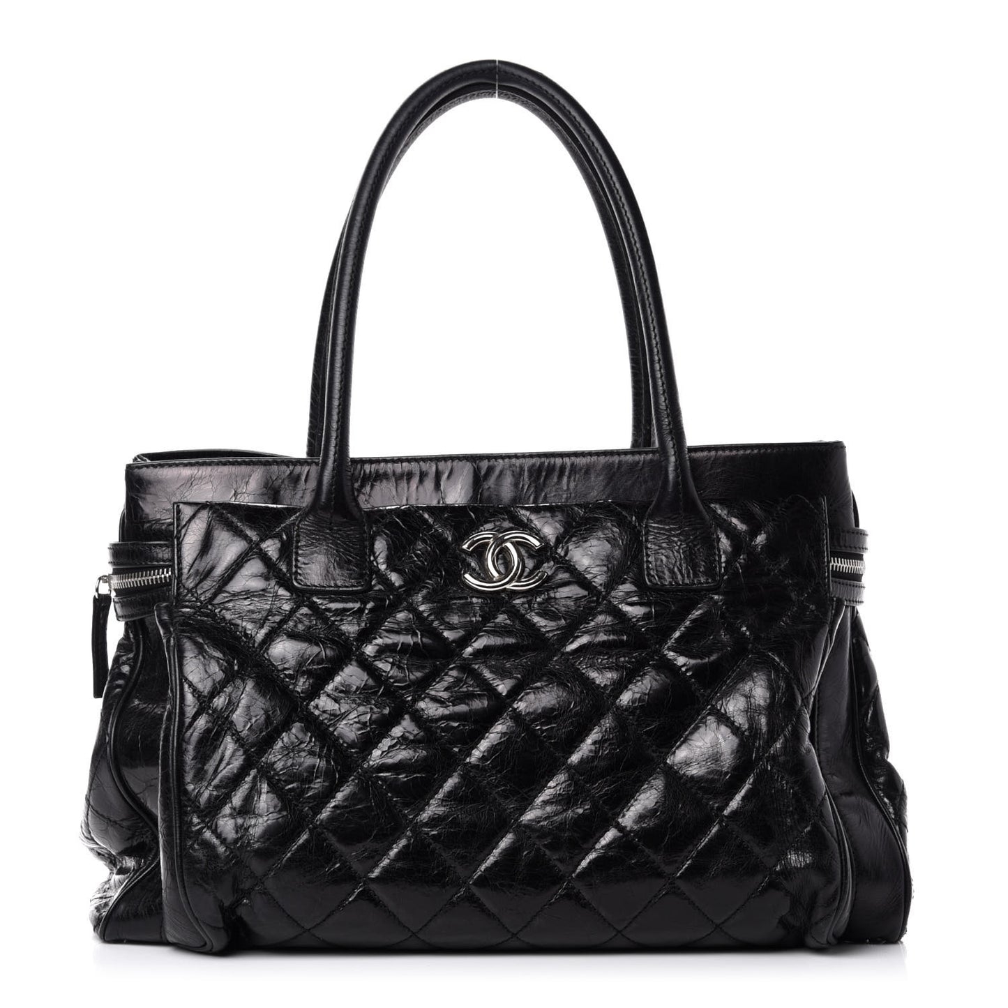 Glazed Calfskin Quilted Large New Portobello Tote Black