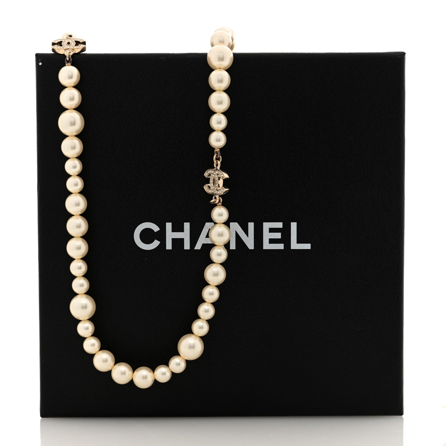 Graduated Pearl Crystal CC Long Necklace Light Gold