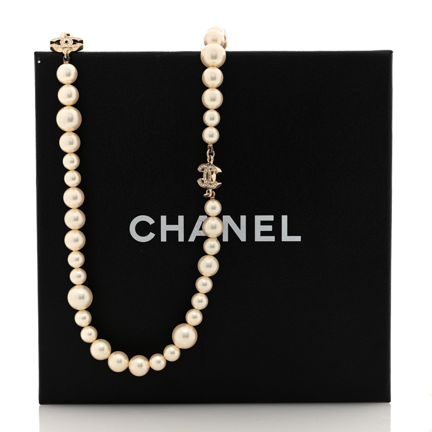 Chanel Graduated Pearl Crystal CC Long Necklace Light Gold 5 of 5